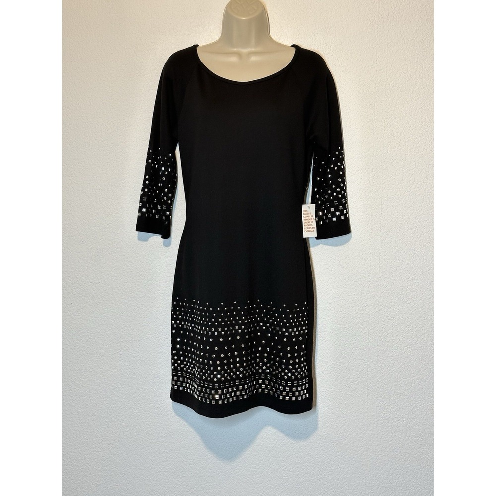 New Venus Black Knit Dress Silver Studded 3/4 Sleeve Stretch Party Event Wedding